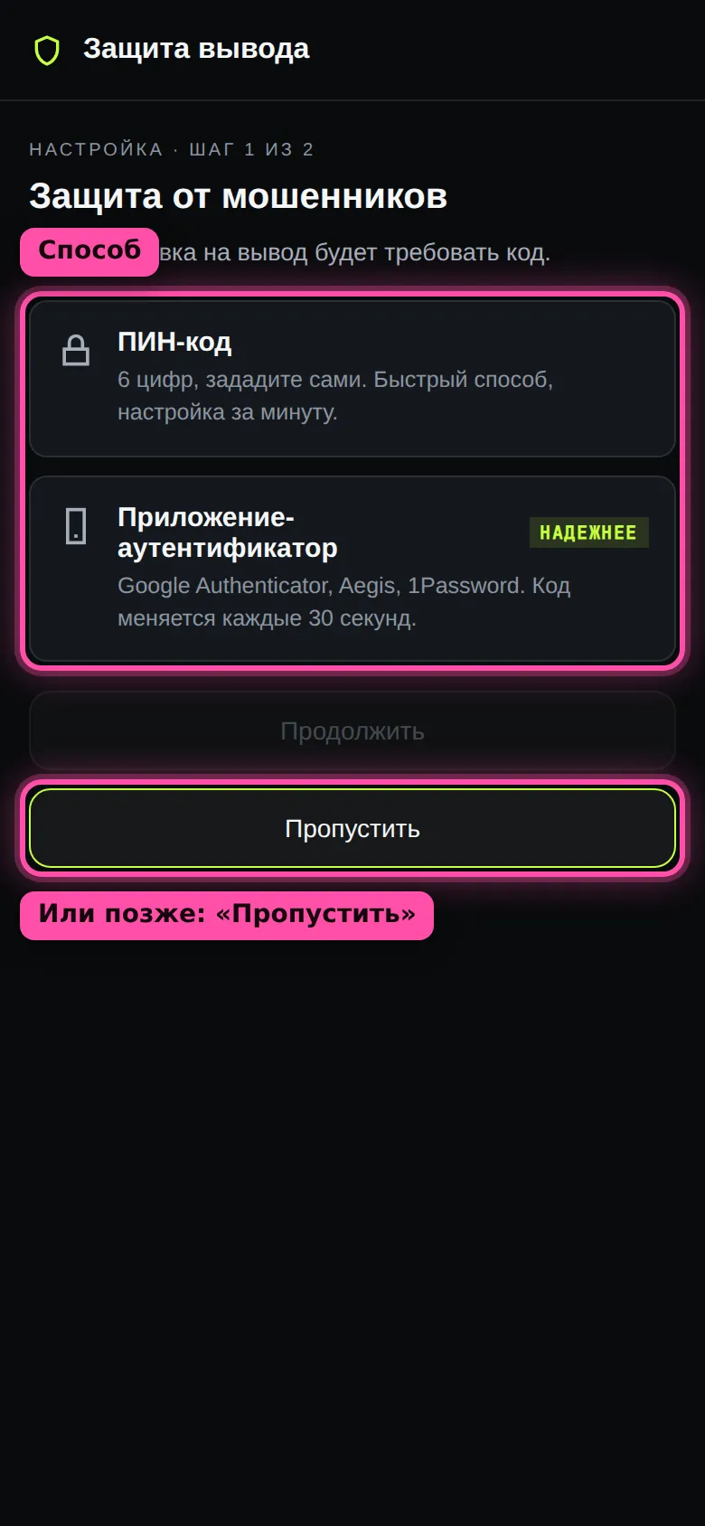 Экран «Защита от мошенников»: выбор между ПИН-кодом и приложением-аутентификатором и кнопка «Пропустить» обведены рамками
