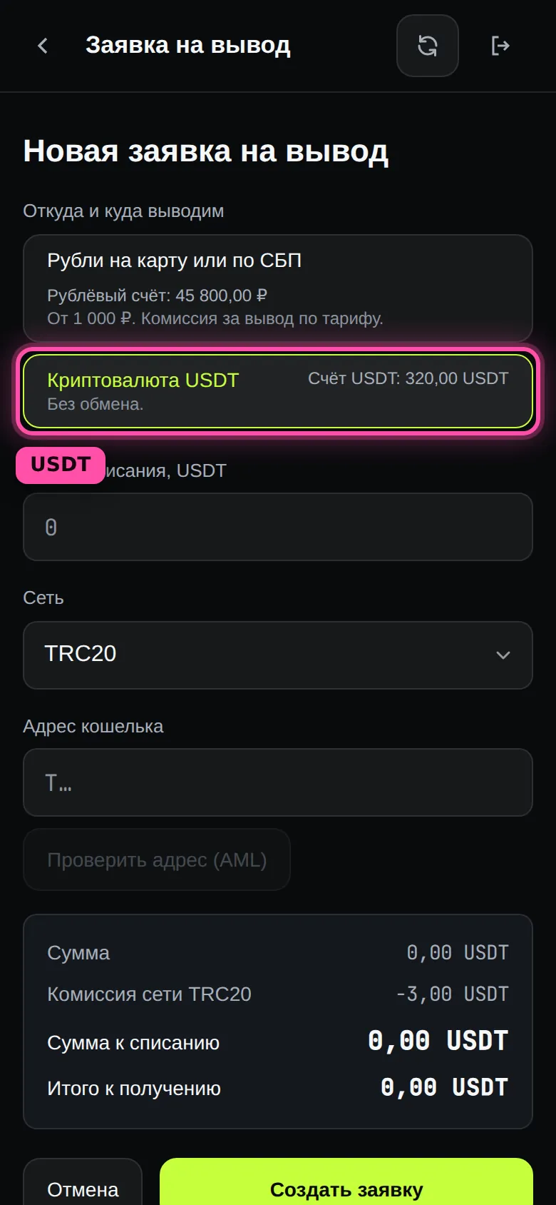 Новая заявка на вывод в кабинете: выбрана ветка «Криптовалюта USDT», ниже сеть и адрес кошелька, ветка обведена рамкой