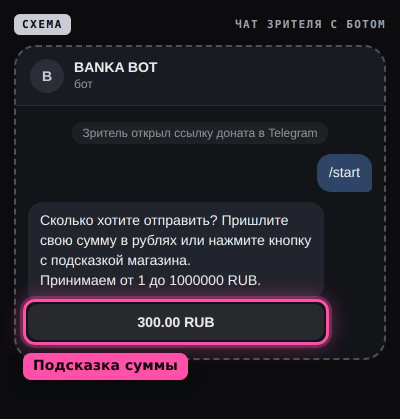 Схема чата зрителя с ботом: бот спрашивает сумму доната и показывает кнопку-подсказку «300.00 RUB», она обведена рамкой