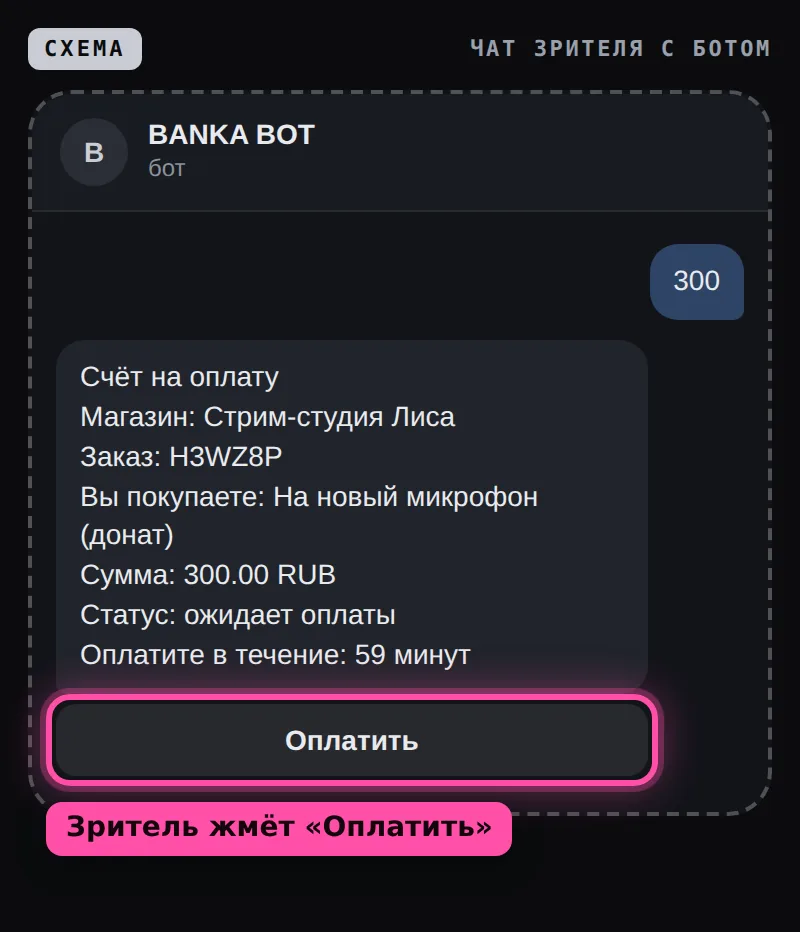 Схема чата зрителя с ботом: счёт на оплату доната с магазином, кодом заказа и суммой, кнопка «Оплатить» обведена рамкой