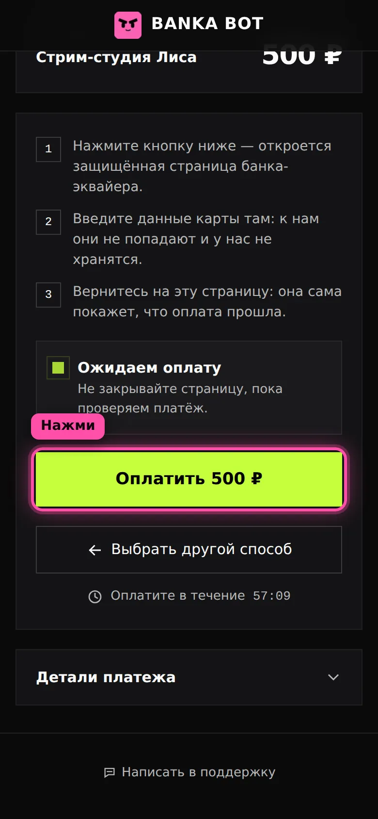 Экран оплаты картой: три шага и кнопка «Оплатить 500 ₽», обведённая рамкой